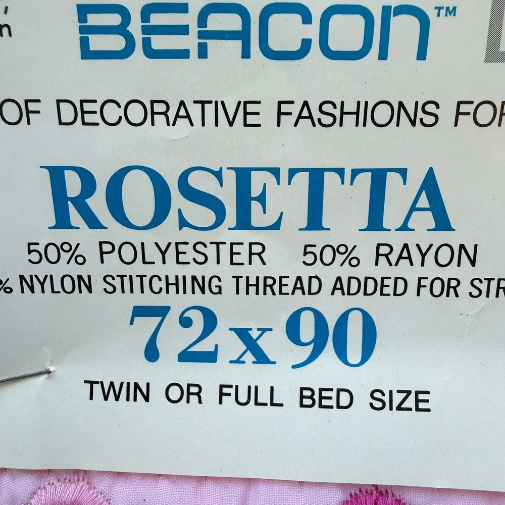 VTG Beacon Rosetta Pink Blanket Twin Full Floral Satin Trim Needlewoven NOS USA